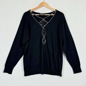 Bob Mackie Wearable Art Black Sequin Beaded Cut Out Collar Sweater Women's XL 1X